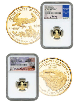 2021-W $5 Gold Eagle 2-Coin set T1 & T2 NGC PF70 Signed Moy Norris w/COA