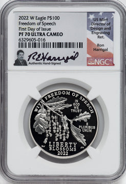 2022-W $100 One-Ounce Platinum Eagle Freedom of Speech FDI NGC PF70 Ron Harrigal Signed