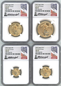 2022 Gold Eagle 4-Coin Set First Day of Issue NGC MS70 Harrigal Signed