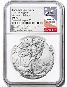 2022 W Burnished Silver Eagle Advanced Release NGC MS70 Gaudioso Signed