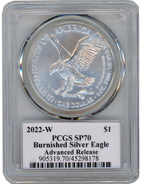 2022-W Burnished Silver Eagle Advanced Release PCGS SP70 Damstra Signed