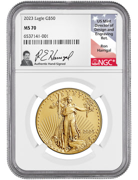 2023 $50 One Ounce Gold Eagle NGC MS70 Ron Harrigal Signed