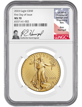 2023 $50 One Ounce Gold Eagle FDI NGC MS70 Ron Harrigal Signed