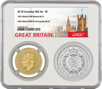 2023 KC Coronation 2-Coin Gold and Silver Set G.Britain G£100P Britannia S2PND NGC MS70