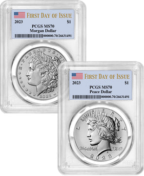 2023 Morgan and Peace Silver Dollar 2pc Set FDI PCGS MS70