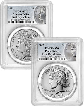 2023 Morgan and Peace Silver Dollar 2pc Set Coin Label FDI PCGS MS70
