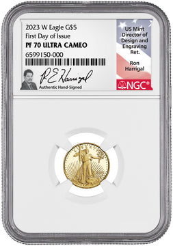 2023-W $5 Tenth Ounce Gold Eagle FDI NGC PF70 Ultra Cameo Ron Harrigal Signed