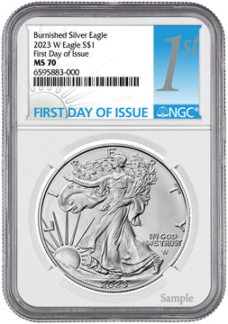 2023-W Burnished Silver Eagle First Day of Issue NGC MS70