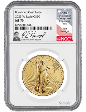 2023 W Burnished Gold Eagle NGC MS70 Harrigal Signed