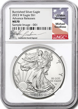 2023 W Burnished Silver Eagle Advanced Releases NGC MS70 Gaudioso Signed