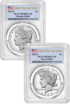 2023-S Morgan and Peace Silver Dollar 2pc FDI Flag Label PCGS PR70