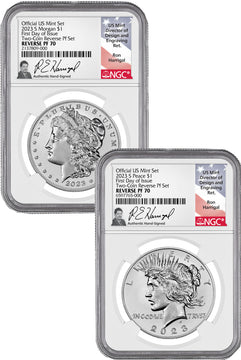 2023-S Morgan Peace Dollar 2-Coin Reverse Proof Set FDI NGC PF70 Harrigal