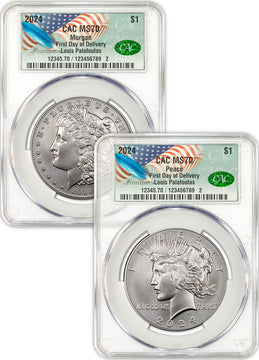 2024 Morgan and Peace Silver Dollar 2pc Set FDD CAC MS70 Founders Label