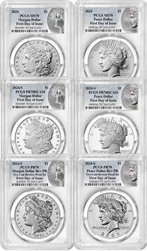 2024 Morgan and Peace Silver Dollar 6-Coin Set FDI PCGS MS70/PF70/RP70