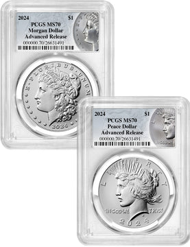 2024 Morgan and Peace Silver Dollar 2pc Set AR PCGS MS70