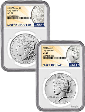 2024 Morgan and Peace Silver Dollar 2pc Set ER NGC MS70