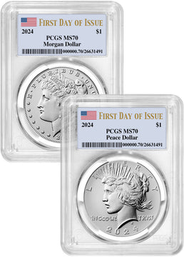 2024 Morgan and Peace Silver Dollar 2pc Set FDI Flag PCGS MS70