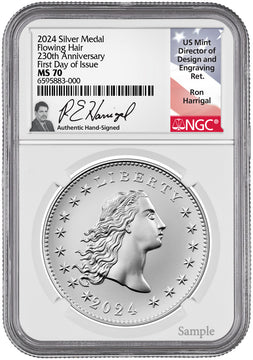 2024 230th Anniversary Flowing Hair Silver Medal 130 of 230 Privy NGC MS70 AR Harrigal