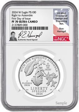 2024-W $100 One-Ounce Platinum Eagle Right to Assemble FDI NGC PF70 Ron Harrigal Signed