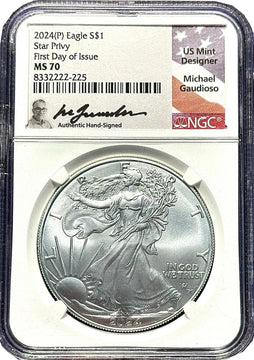 2024(P) Silver Eagle Star Privy FDI NGC MS70 Gaudioso