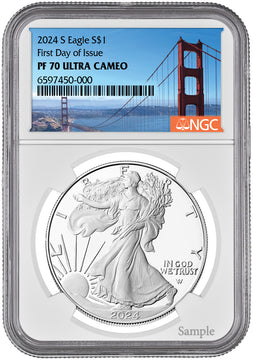 2024-S Proof Silver Eagle First Day of Issue Bridge Label NGC PF70