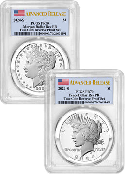 2024-S Morgan Peace Dollar 2-Coin Reverse Proof Set AR PCGS PR70 Flag Label