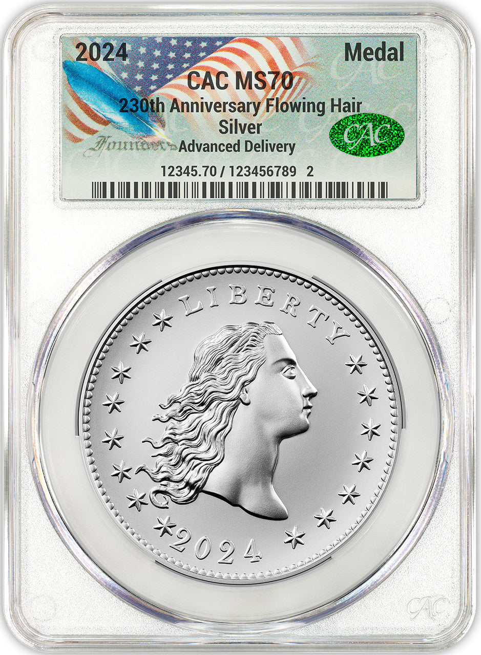 2024 Silver Medal Flowing Hair 230th Anniversary AD CAC MS70 | LCR