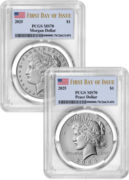 2025 Morgan and Peace Silver Dollar 2pc Set FDI PCGS MS70 Flag Label