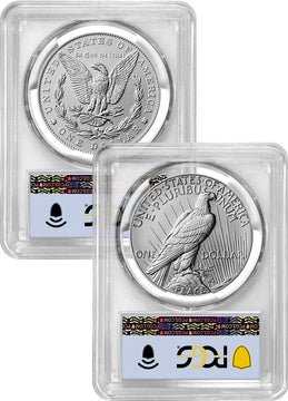 2025 Morgan and Peace Silver Dollar 2pc Set AR PCGS MS70 Flag Label