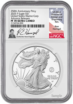 2025-P Silver Eagle 250th Anniversary U.S. Marine Privy AR NGC PF70 Harrigal