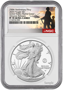 2025-P Silver Eagle 250th Anniversary U.S. Marine Privy AR NGC PF70 Salute Label