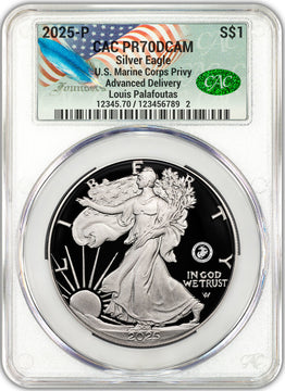2025-P Silver Eagle 250th Anniversary U.S. Marine Privy AD CAC PR70 Founders