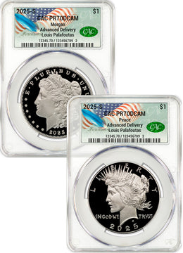2025-S Morgan and Peace Silver Dollar 2pc Set AD CAC PR70 Founders