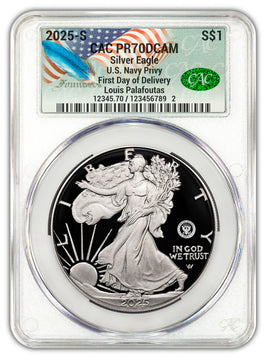 2025-S Silver Eagle 250th Anniversary U.S. Navy Privy FDD CAC PR70 Founders