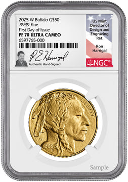 2025-W $50 Proof Gold Buffalo FDI NGC PF70 Harrigal Signed