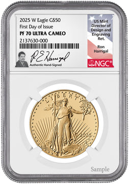 2025-W $50 Gold Eagle FDI NGC PF70 UCAM Harrigal Signed