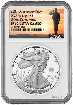 2025-W Silver Eagle 250th Anniversary U.S. Army Privy NGC PF69 Salute Label