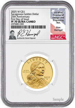 2025-W Sacagawea 25th Anniversary Gold Dollar 24K FDI NGC PF70 Harrigal