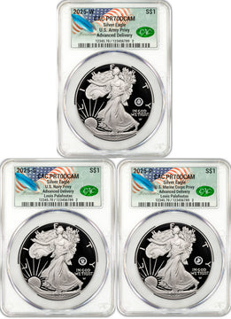 2025 250th Anniversary Army/Navy/Marine Privy Silver Eagle 3-Coin Set AD CACG Founders Label