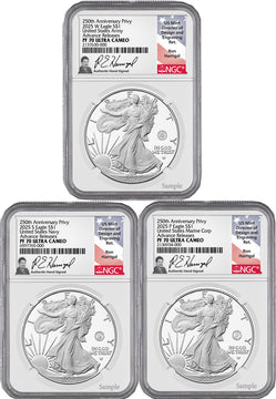 2025 250th Anniversary Armed Forces Privy Silver Eagle 3-Coin Set AR NGC PF70 Harrigal