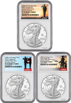 2025 250th Anniversary Armed Forces Privy Silver Eagle 3-Coin Set FDI NGC PF70