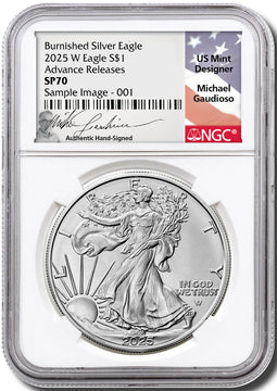 2025 W Burnished Silver Eagle Advanced Releases NGC SP70 Gaudioso Signed