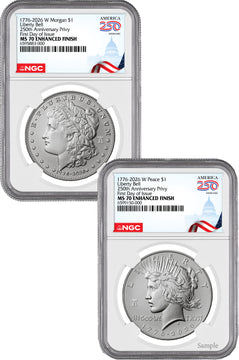 2026-W Morgan and Peace Dollar Enhanced 2-Coin Set NGC MS70 FDI Congress 250 Label 2026-W Morgan and Peace Dollar Enhanced 2-Coin Set NGC MS70 FDI Congress 250 Label