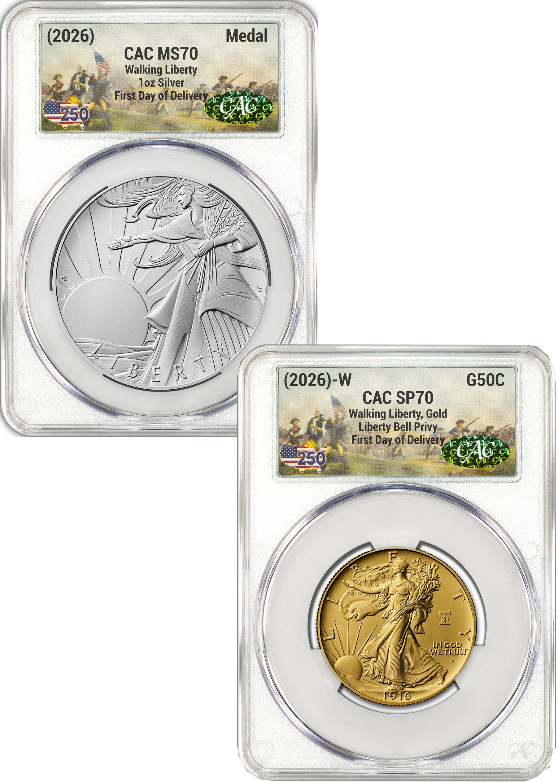 ミドすけ　バッジ　ゴールド・シルバーセット 2026-W Gold Walking Liberty Half & Silver Medal Set FDD CAC SP70
