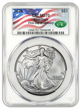 2026 American Silver Eagle FDD CAC MS70 Flag Label