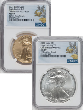 2021 2 Coin Set T2 Gold Silver Eagles 229th Dusk & Dawn 35th Anniversary NGC MS69