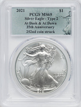 2021 American Silver Eagle Type 2 At Dusk & Dawn 35th Anniversary 252nd PCGS MS69