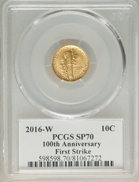 2016-W 10C Mercury Dime Gold 100th Anniversary First Strike Label SP PCGS MS70