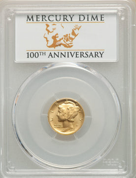 2016-W 10C Mercury Dime Gold 100th Anniversary First Strike Label SP PCGS MS70