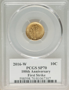 2016-W 10C Mercury Dime Gold 100th Anniversary First Strike Label SP PCGS MS70